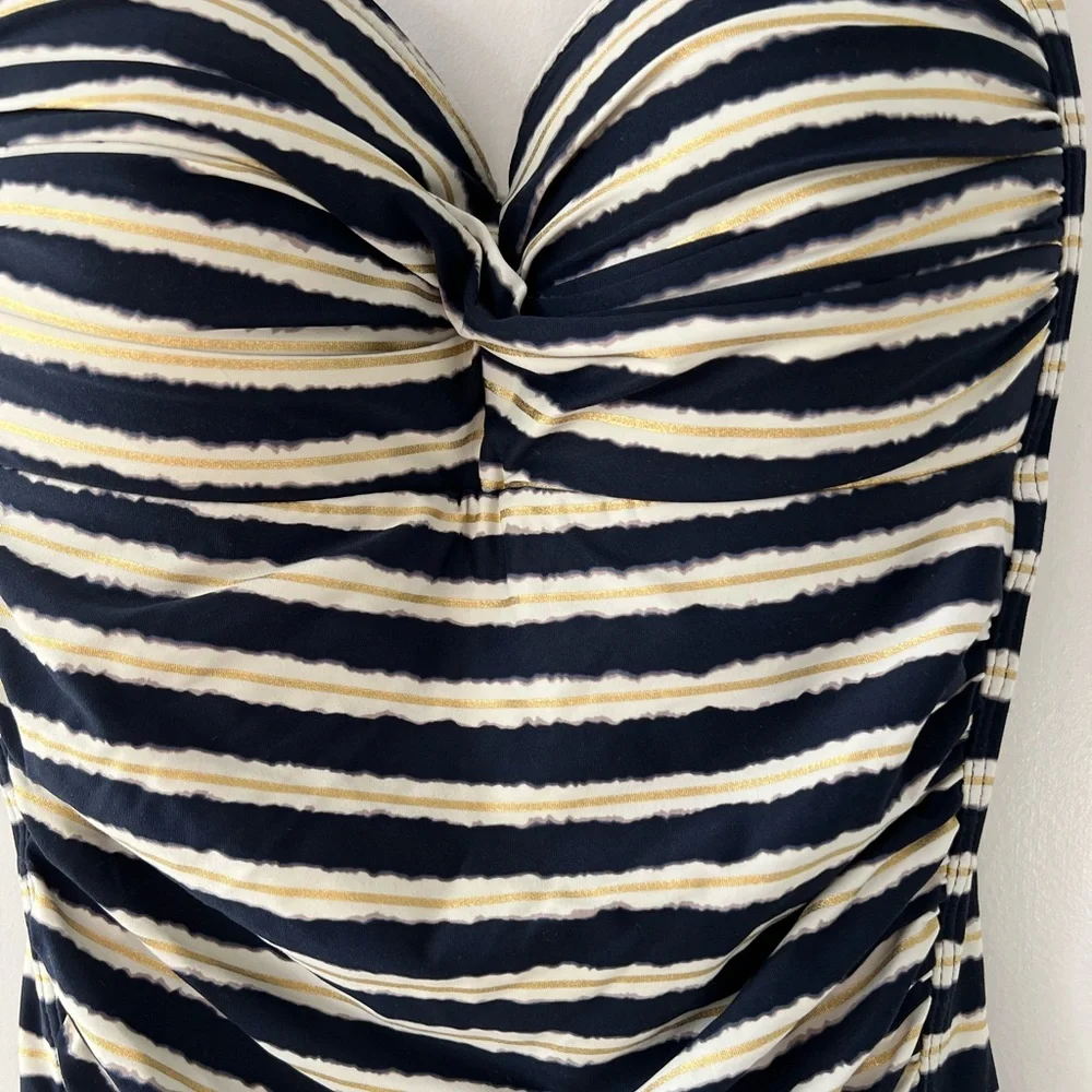 NipTuck Swim Multi Cup Fit Ruched Blue/White/Gold Striped Halter One Piece Swim